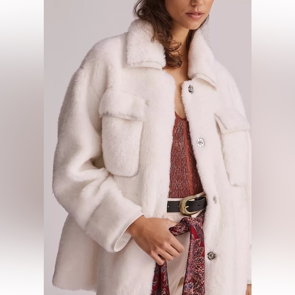 Anthropologie Maeve White Cinched Faux Fur Coat